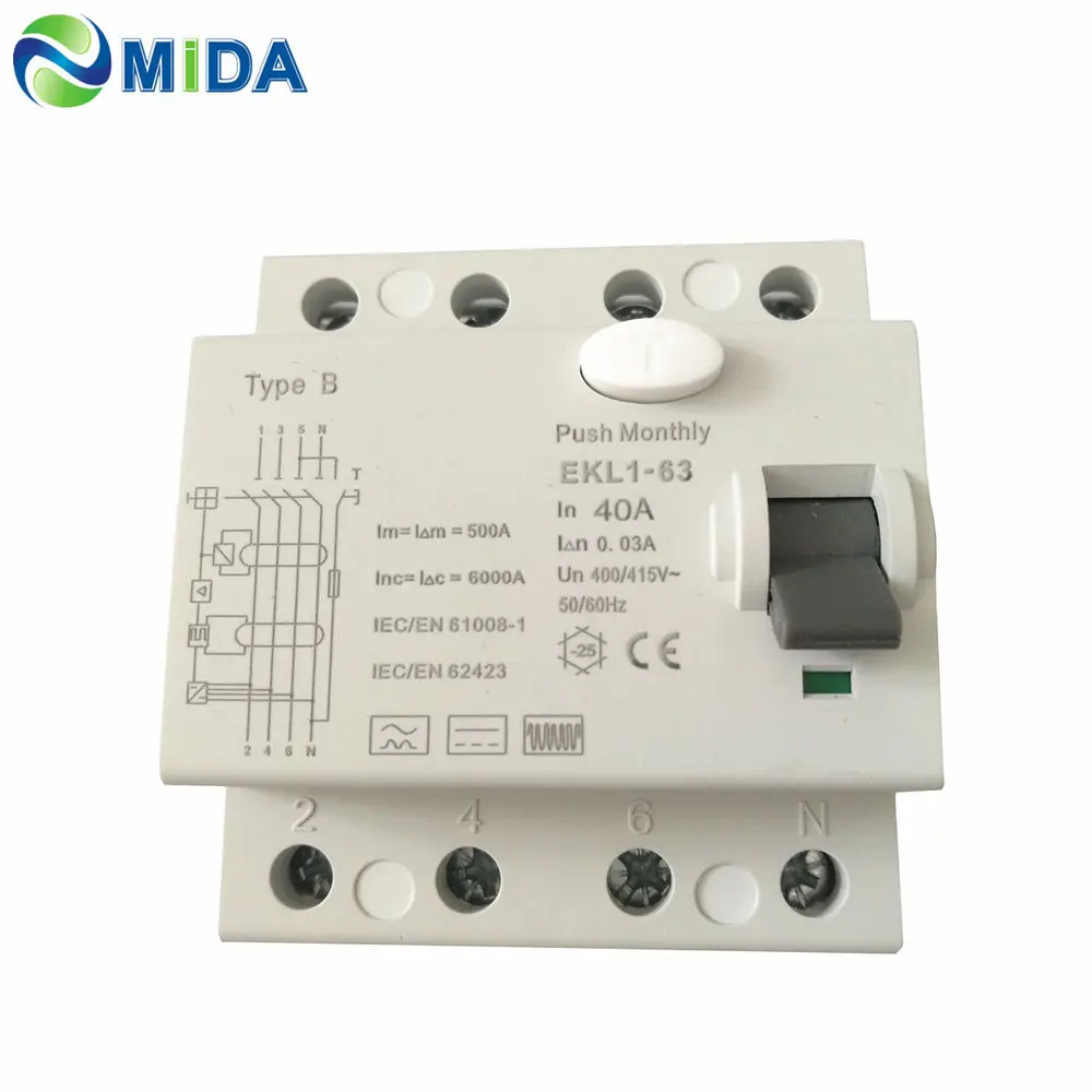 RCCB 4P EKL1 63 10KA 4Pole 30mA RCD 40A /63Amp B Type для зарядного устройства WallBox EV|Переключатели и