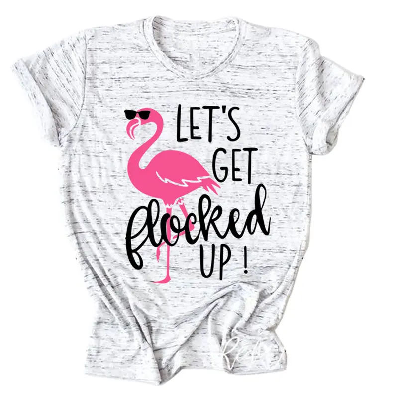 

Women Let's Get Flocked Up Flamingo Summer Short Sleeve Casual Crew Neck Tee Letters Top Soft Hipster Slogan T-Shirt