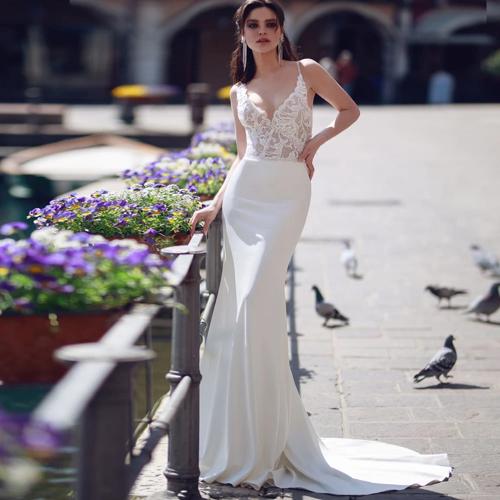 

Vestidos Sexy Wedding Dresses Jersey Pleat Appliques V-Neck Sleeveless Backless Mermaid Bridal Gowns Novia Do 2021