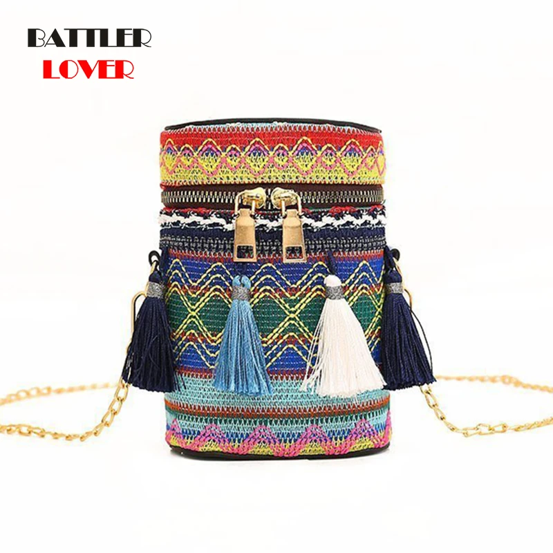 

Women Barrel-shaped Shoulder Bags Tassel Design Crossbody Bag For Female Embroidery Messenger Totes Ladies Bohemian Style Wallet