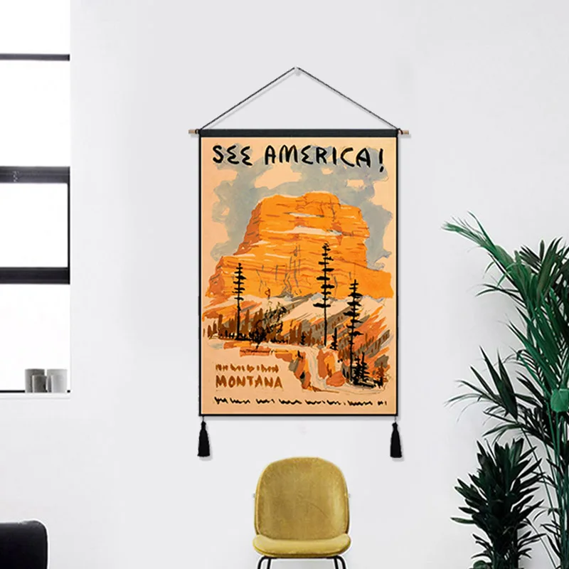 See America Great Smoky Mountains Park Vintage Hanging Cloth Cotton Line Painting Poster Home Decor Wall Tapestry Gift | Дом и сад