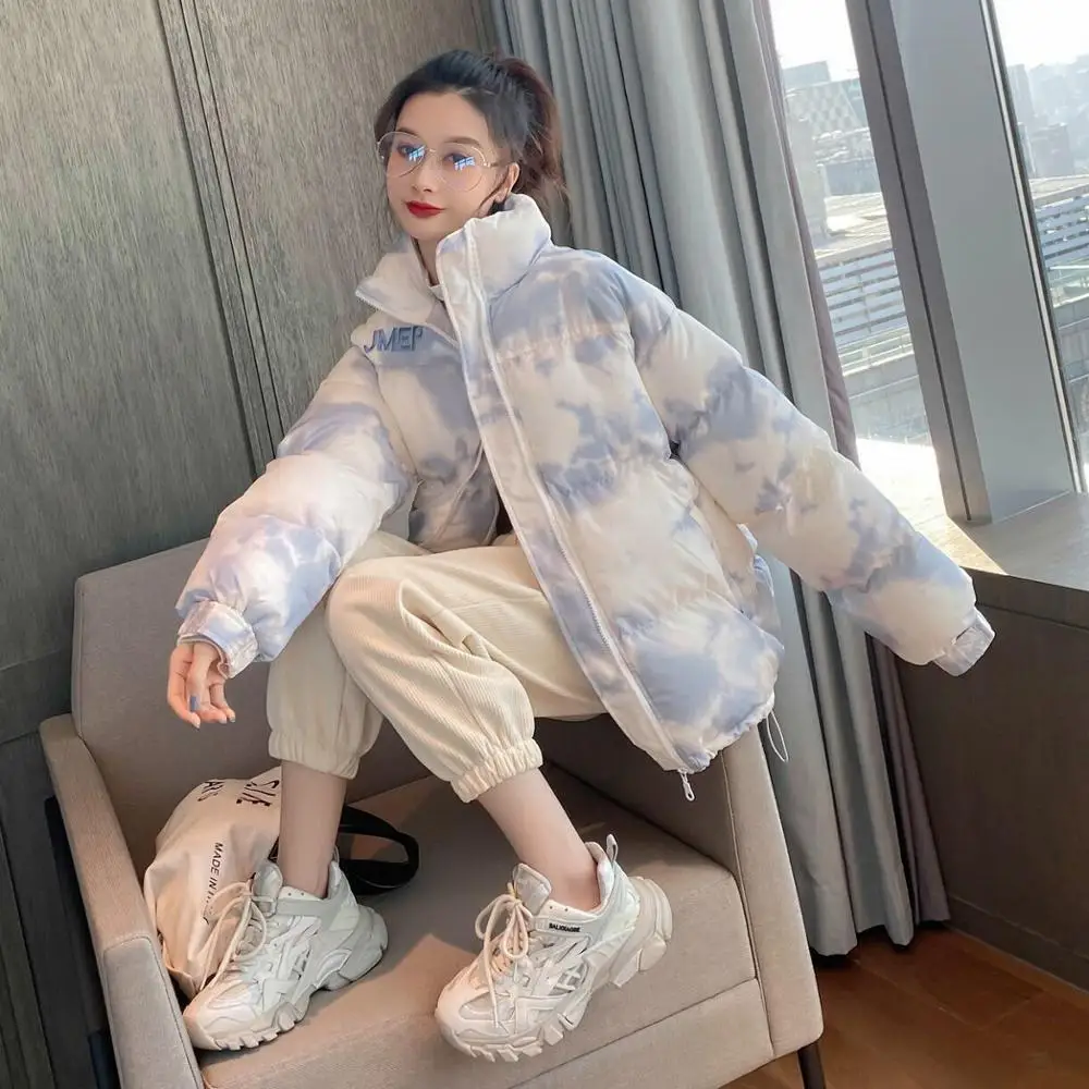 

Новинка, Женская пышная куртка на Рождество, голубое небо, белые облака, принт, свободная куртка-пузырь, женская зимняя куртка