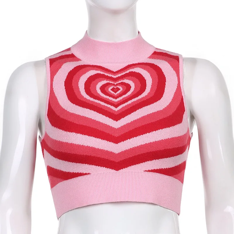 

Goth Dark Knitted Gothic E-Girl Cute Summer Tank Tops Harajuku Pink Punk Aesthetic Bodycon Crop Top Heart Print Tie Dye Vests