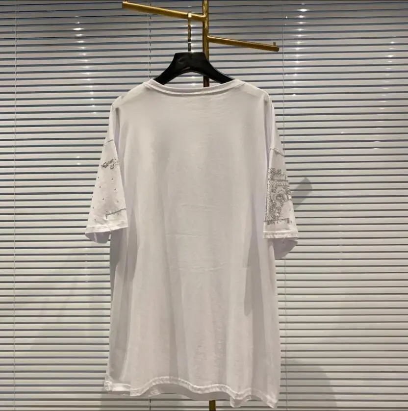 Streetwear Shiny T-shirt 2020 Summer Women Cool Rhinestone Hot Drilling Loose Short-Sleeved Short Sleeve Female Long Tee | Женская
