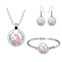 cartoon unicorn art photo jewelry set glass pendant necklace earring bracelet totally 4 pcs for girls kids birthday gifts