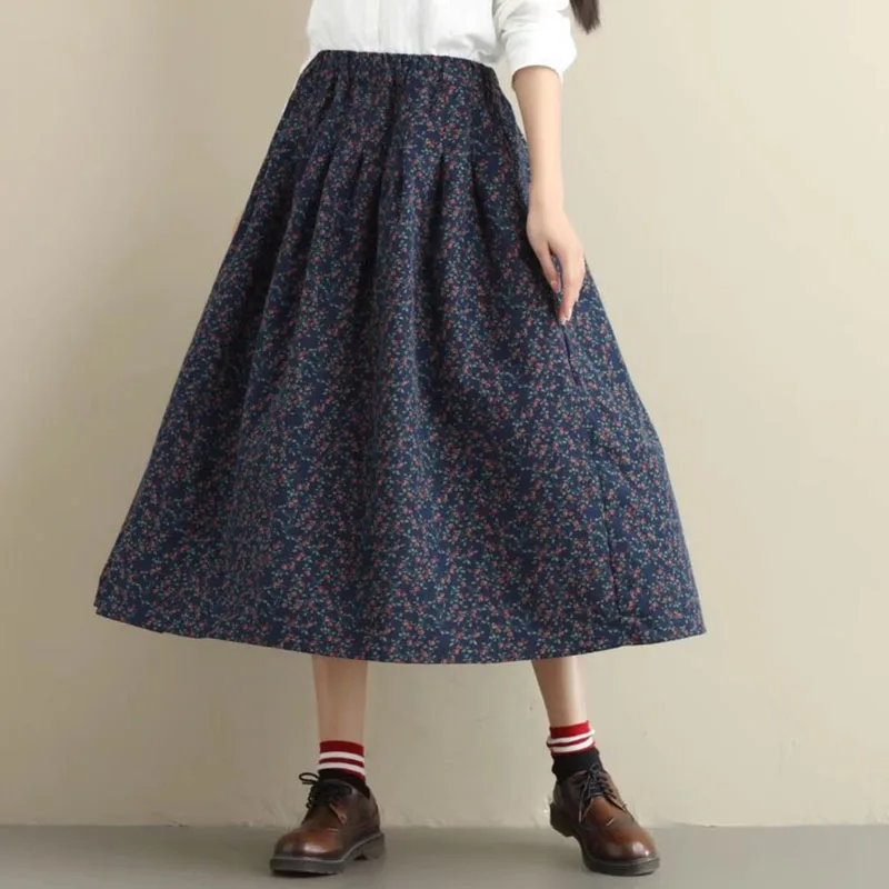 

7109 Summer Retro Floral Skirt For Women Loose Mid Long Printing New 2020 Fashion Elastic Waist Elegant Female Cotton Big Skirts
