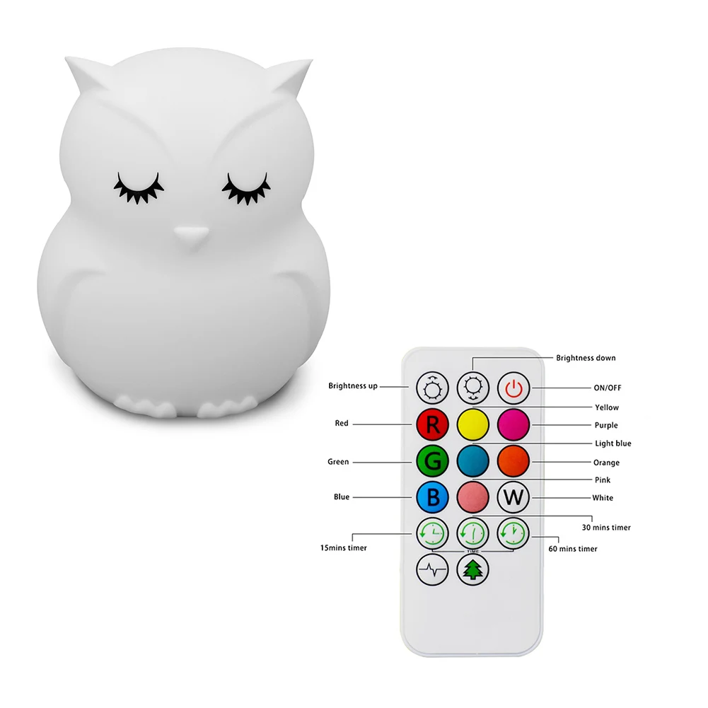 

Mini Owl LED Night Light 7 Colors Cartoon Silicone Lamp Touch Remote Control Rechargeable Bedside Lamp Kids Bedroom