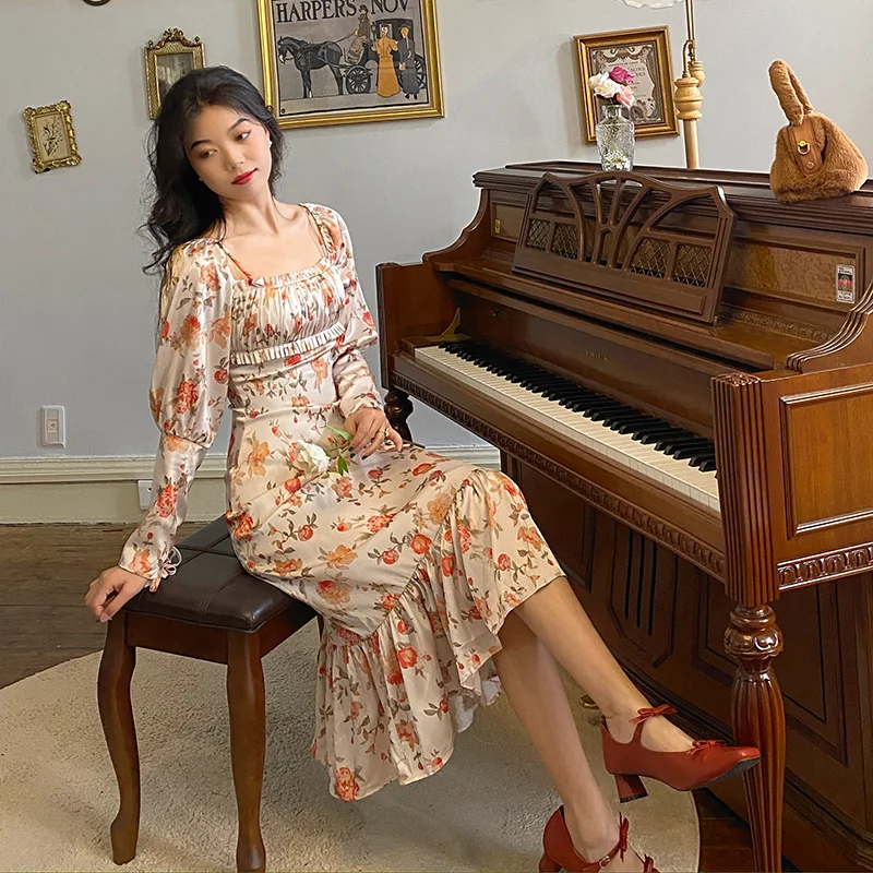 

Dresses Korean fashionSatin Dress 2021 New Style Wooden Ear Square Collar Long Sleeve Waist-Slimming Dress Kawaii