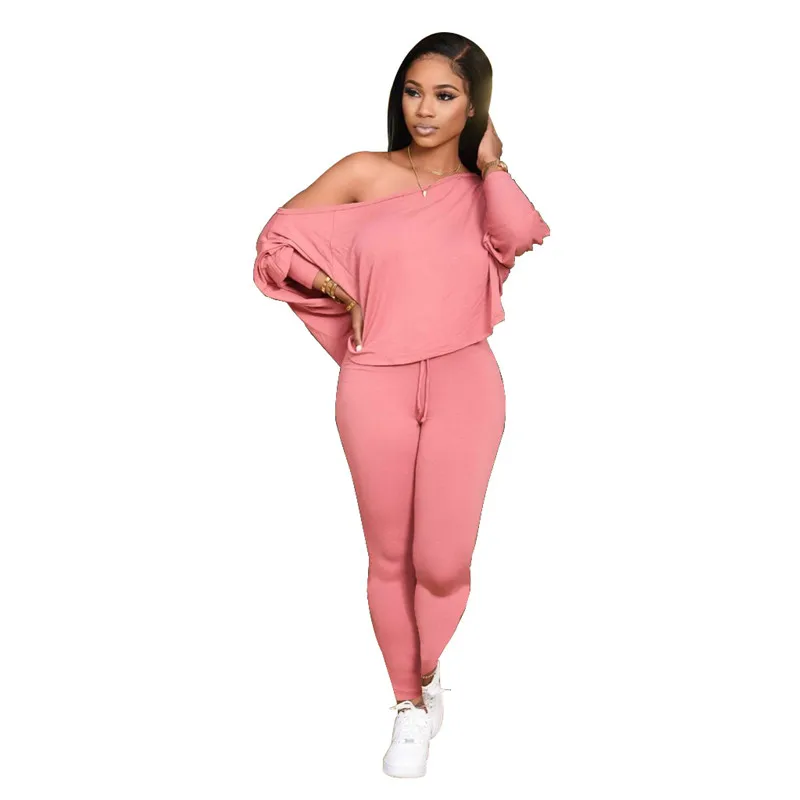 

Two Piece Set Club Outfits for Women Long Sleeve Winter Clothes Off The Shoulder Loose Top Tight Pants Wholesale Dropshipping