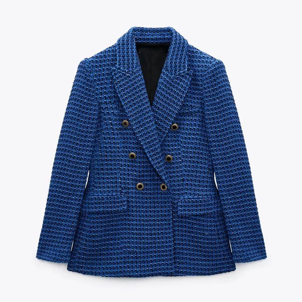 

DiYiG WOMAN 2021 early autumn new commuter women's clothing blue slim texture double-breasted casual suit jacket