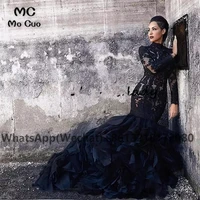 2021 black long sleeves mermaid evening dresses party gowns lace appliques tulle vestido longo formal evening prom gowns long