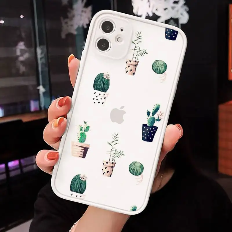 

Lovely kawaii Cartoon cactus Phone Case Matte Transparent for iPhone 7 8 11 12 s mini pro X XS XR MAX Plus cover funda