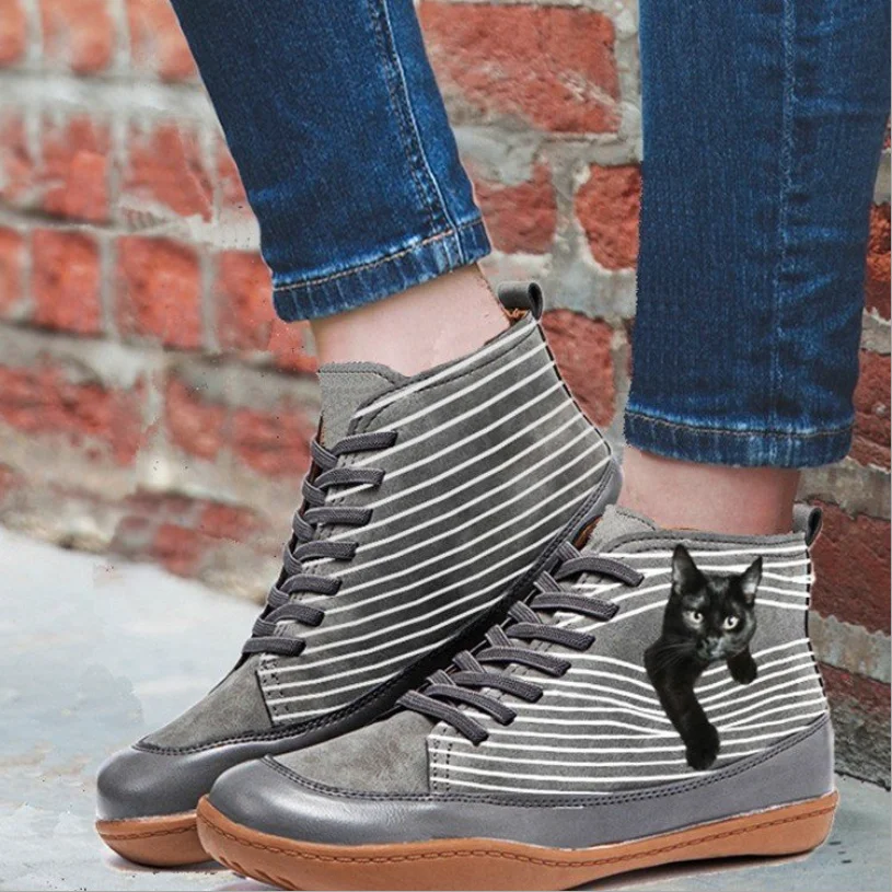 

QZ247 Newest High Qualtiy Autumn Women Boots Fashion Striped Design Lace-up Casual Round Toe Shoes for Woman Zapatos De Mujer