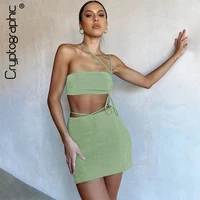 cryptographic drawstring ruched sexy bandage skirt sets fashion outfits summer club party lace up top and skirts matching set