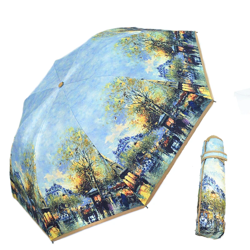 

Folding Umbrella Painting Paris Street Umbrella Umbrella Women's 10K Sunshade Silver-plated UV Protection Double Layer