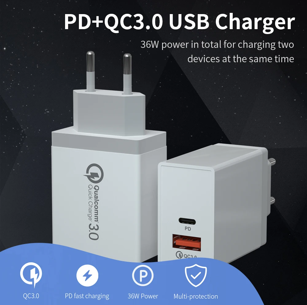 Быстрое зарядное устройство QC 3 0 двойное USB PD Turbo настенное быстрая зарядка порт