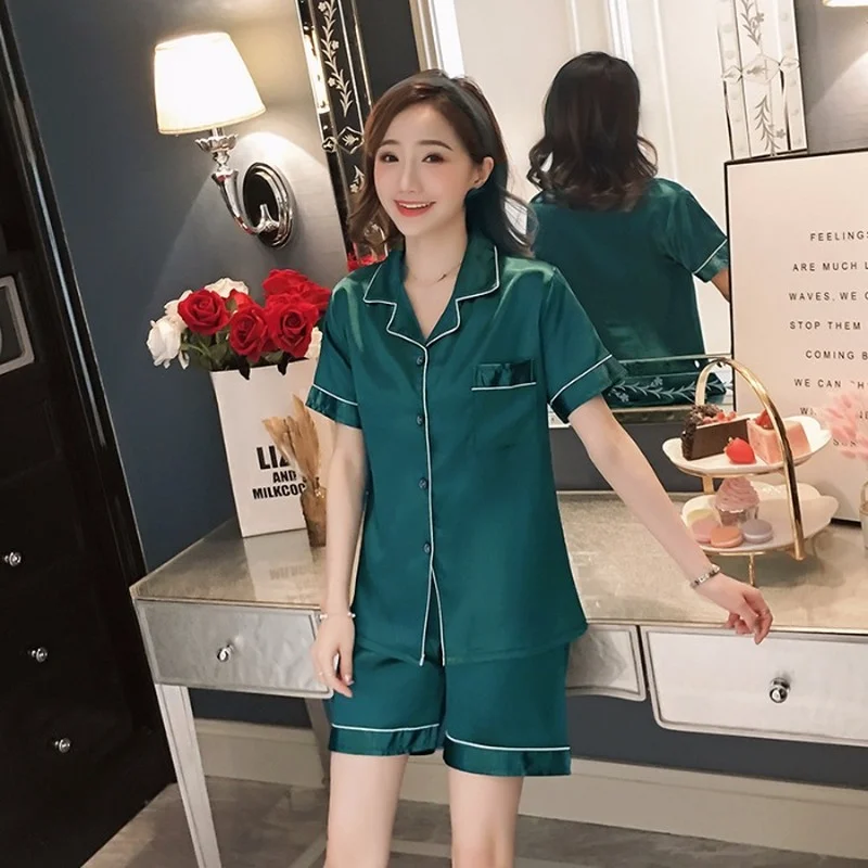 Two Piece Set Summer Pure Color Silk Shorts Girls Pajamas and Home Service Suits Plus Fertilizer Pijamas Women