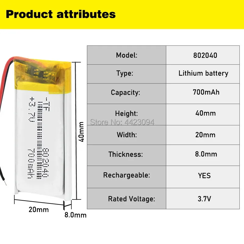 3.7V 700mah 802040 Lithium Li Ion Polymer Rechargeable Battery For GPS PSP DVD MP4 pen camera bluetooth hearphone recorder game - купить по