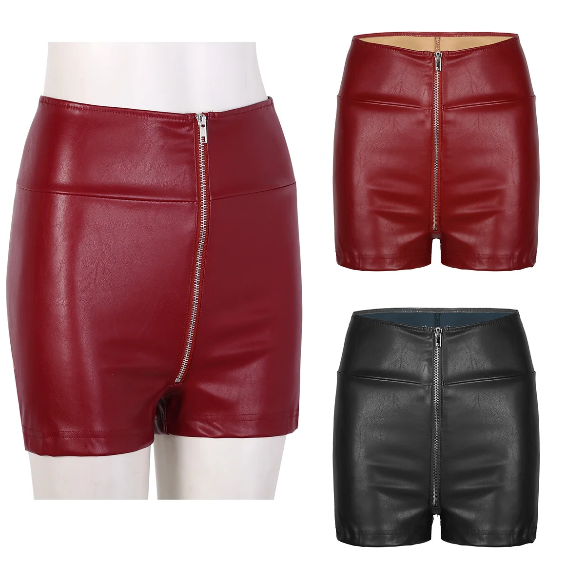 Женские сексуальные шорты из искусственной кожи с высокой талией и молнией