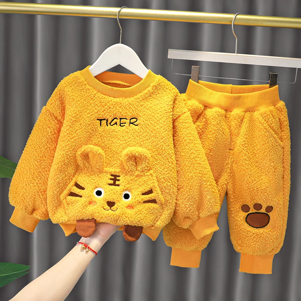 

Winter Children Clothing Set for Baby Boys Girls Autumn Cartoon Tiger Jacket Coat Pants 2Pcs Baby Sets Warm Plush Kids Clothes