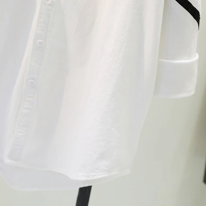 

OUMENGKA Women 2021 Summer Fashion Pockets Minimalist Loose White Shirts Long Sleeve Asymmetric Striped Female Blouses Chic Tops