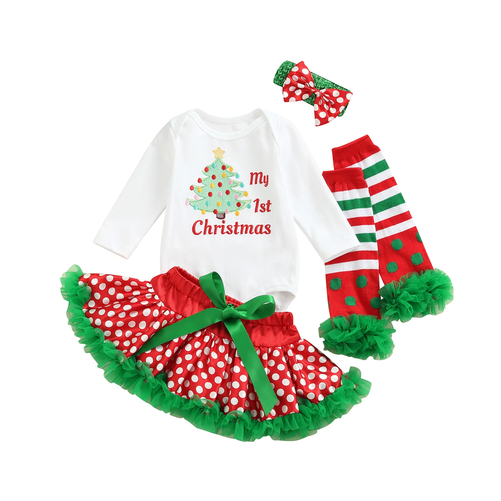 

Baby Suit Set, Letter Tree Print O-Neck Long Sleeve Romper+ Dots Skirt+ Striped Foot Covers+ Headband, 0-24 Months
