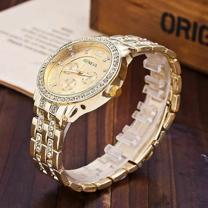 Модные женские кварцевые часы золотой Нержавеющая сталь ремень роскошный алмаз