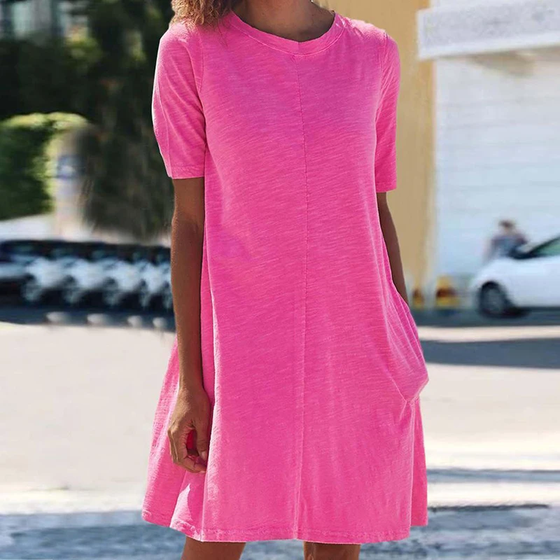 

2021 Women Fashion Round Neck A-Line Party Dress Elegant Ladies Short Sleeve Pure Color Dresses Summer Loose Vintage Vestidos