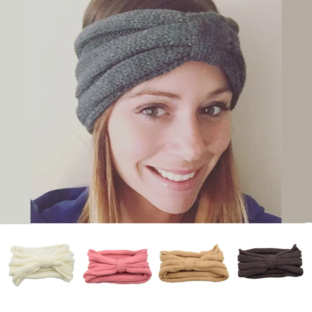 

Эластичная вязаная шерстяная повязка на голову с бантом наушники ручной работы аксессуары для волос теплая осенняя и зимняя повязка на гол...