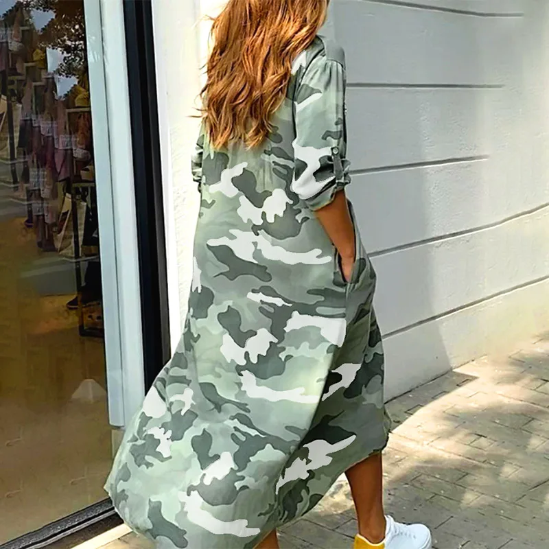 

Vintage Camouflage Print Pocket Long Dress Women Casual Turn-Down Collar Loose Shirt Dress 2021 Spring Long Sleeve Dress Vestido