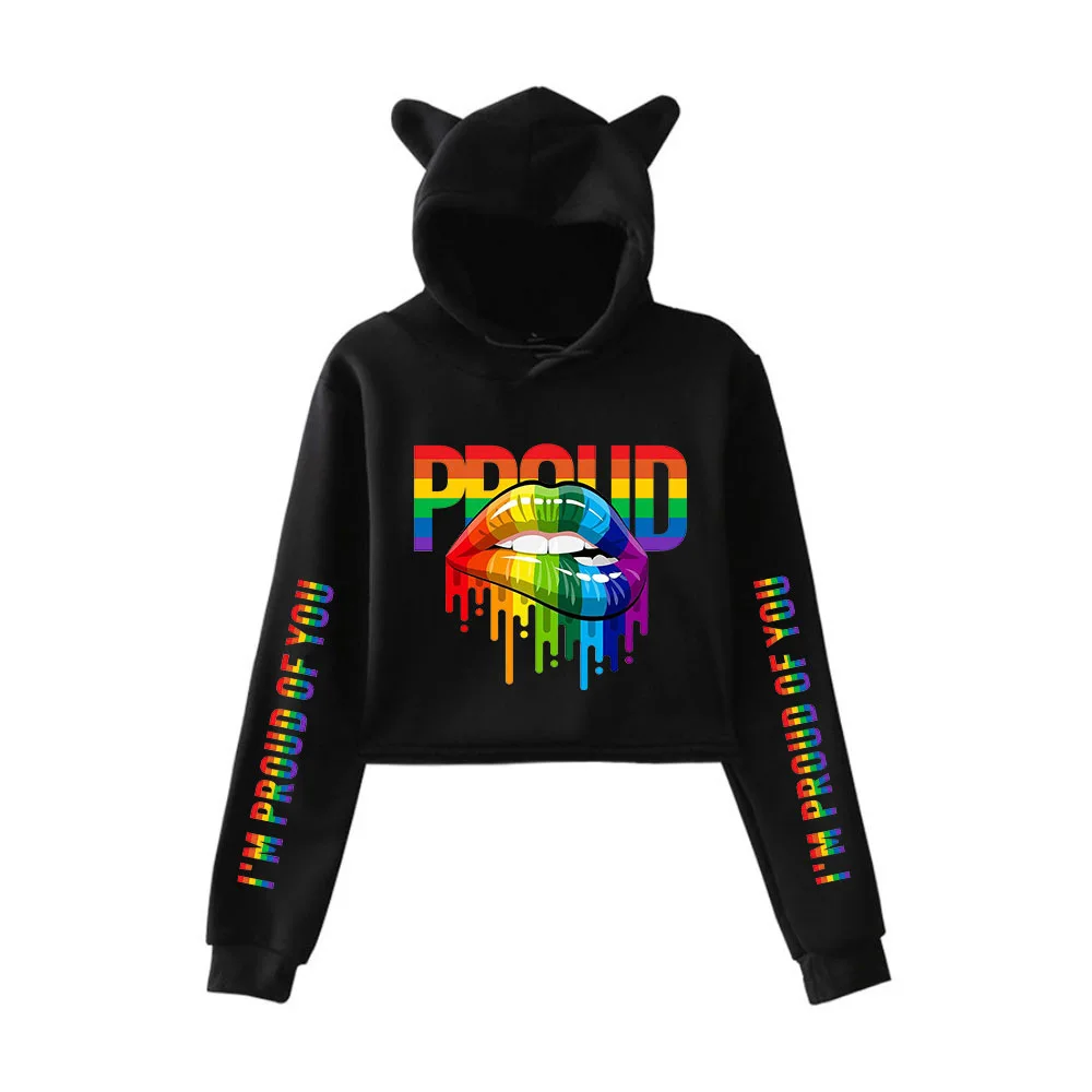 LGBT Pride Kawaii Crop Top Hoodie Love Wins Lesbians Gays Bisexuals Funny Cat Ear Cropped Short Sweatshirt Hooded Pullover Tops
