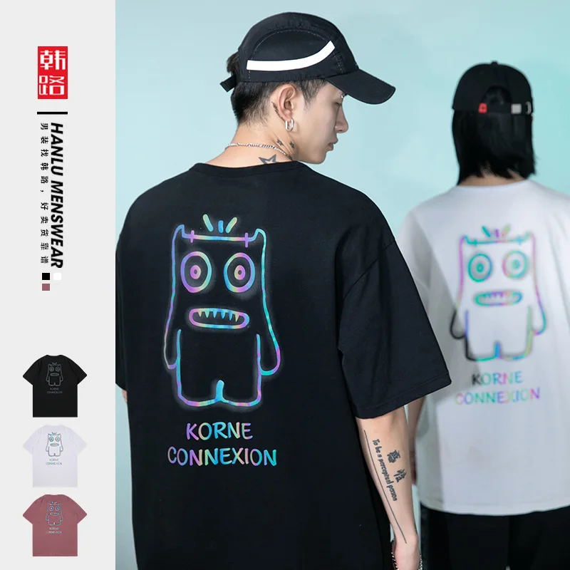 

Японская мужская одежда LZCHENG, Новинка лета 2021, стильная цветная хлопковая свободная брендовая футболка с короткими рукавами и принтом мален...