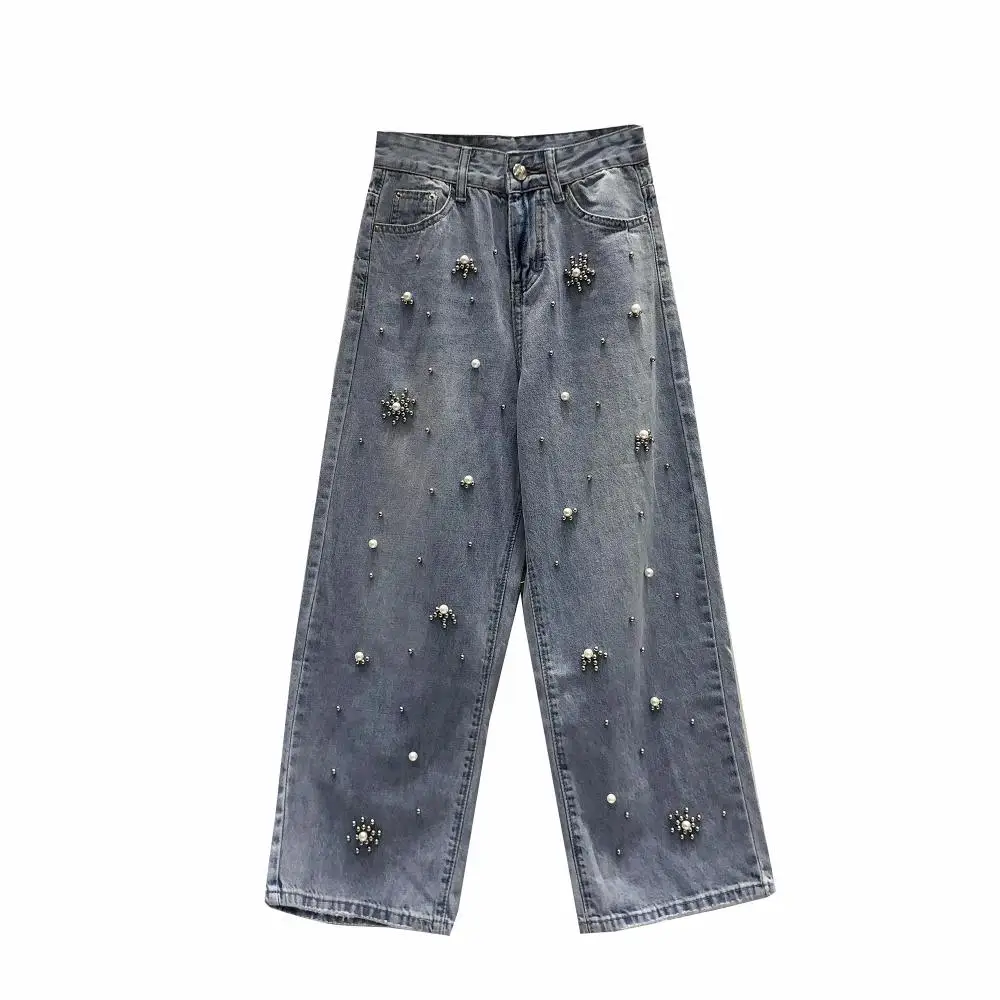 

Spring new casual beaded women loose thin waist jeans