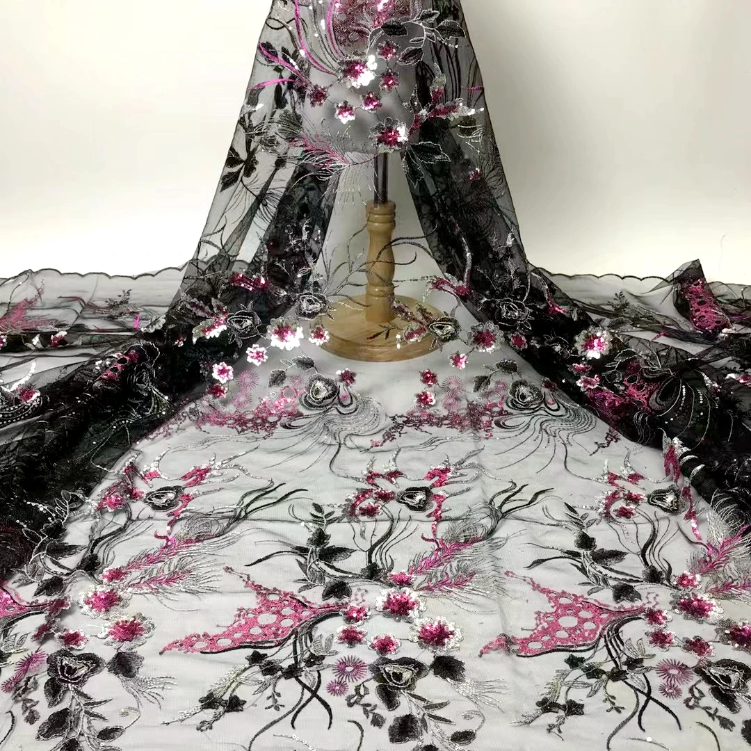 

Gorgeous 5 colors Shining sequins 3D flower embroidery mesh lace party costume evening dress DIY X0855