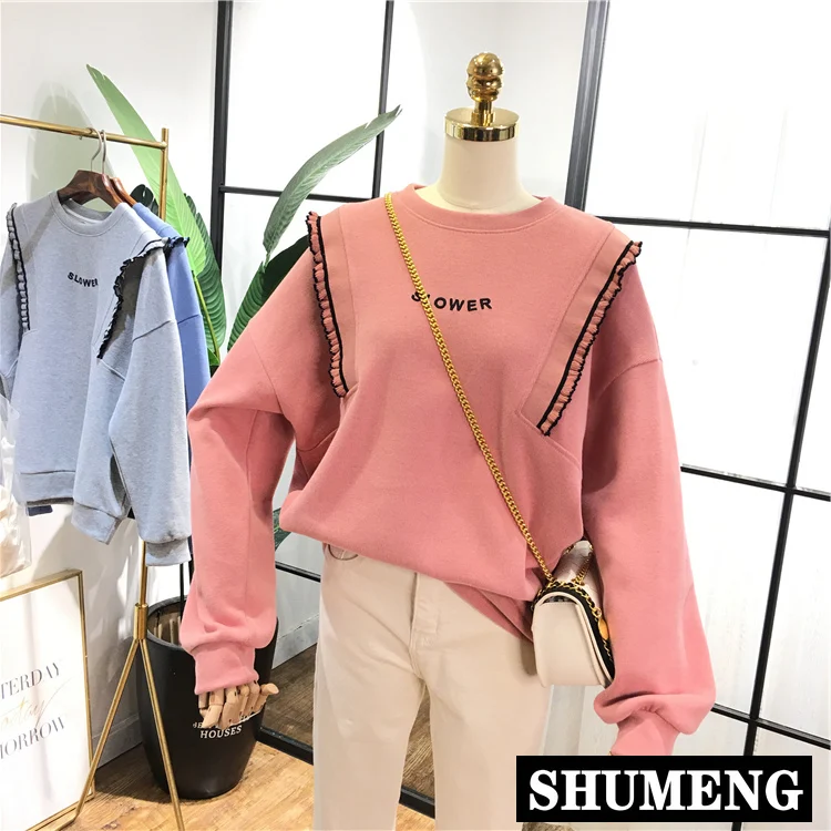 Весенняя Милая Толстовка 2020 пуловер с круглым вырезом и оборками Оверсайз в