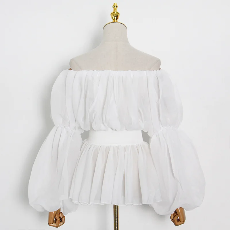 

Chic Fashion Slash Neck Lantern Sleeve Shirts Women Elegant Temperament Office Lady Blouses 2021 Spring New Solid Pleated Tops