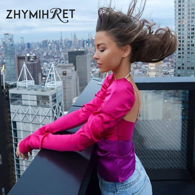 ZHYMIHRET/2019 Осенняя водолазка неонового цвета укороченный топ с длинными рукавами