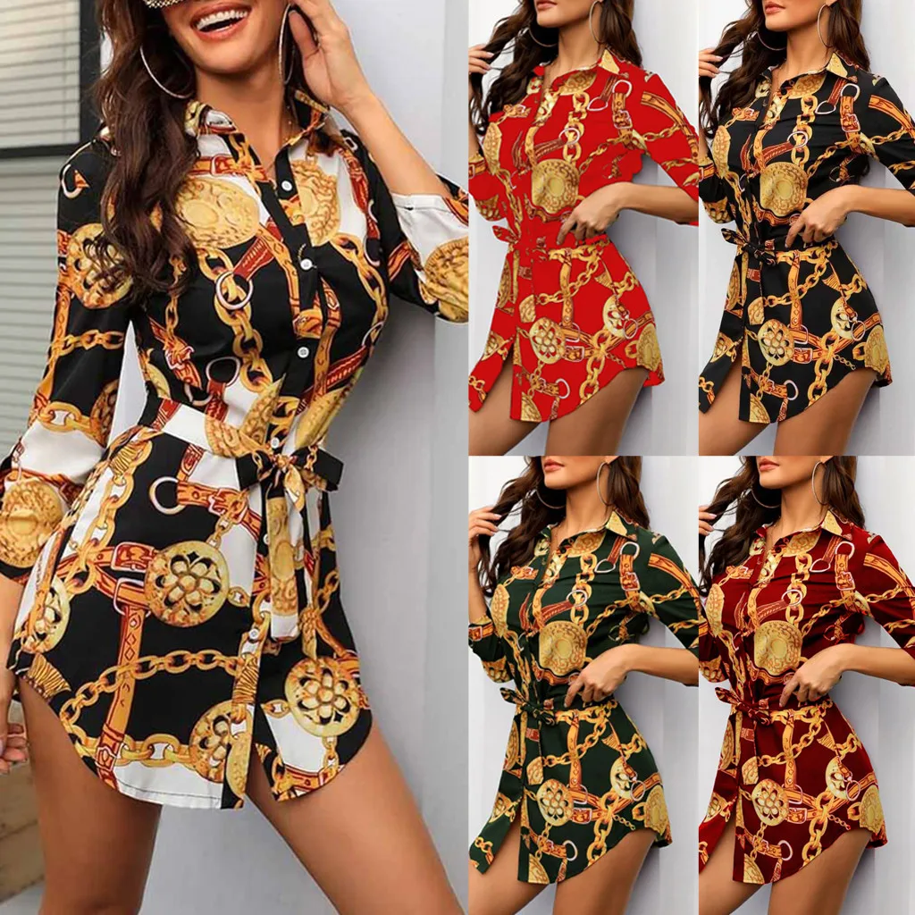 

L # летнее женское сексуальное платье с длинным рукавом, платье-рубашка с принтом цепей, женское повседневное мини-платье, летнее женское платье с длинным рукавом