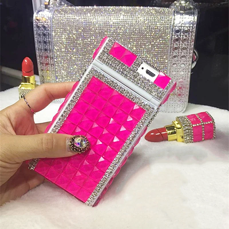 Полностью Алмазный чехол для телефона USB зарядка зажигалка 20 тонких сигарет