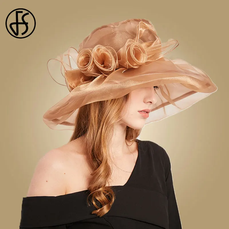 Женская шляпка из органзы FS элегантная фиолетовая с широкими полями и цветами