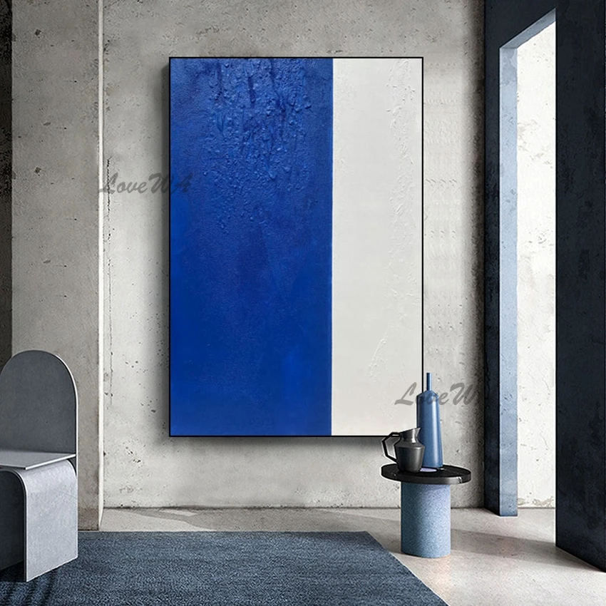 

Contemporary Abstract Handpainted Painting Of Pure Blue And White Colors Home Decoration Picture For Living Room Unframed Art