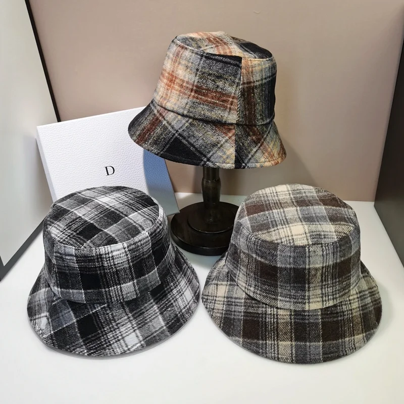 

Women Fashion Plaid Bucket Hats Fall Winter Warm Khaki Black Brown Panama Caps Ladies Outdoor Sunscreen Fedora Fisherman Bonnets