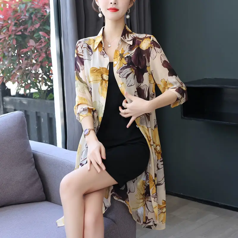 

Chiffon Women's Mid-length Summer Beach Jacket Long Sleeve Loose Printed Cardigan Thin Sun Protection Shirt