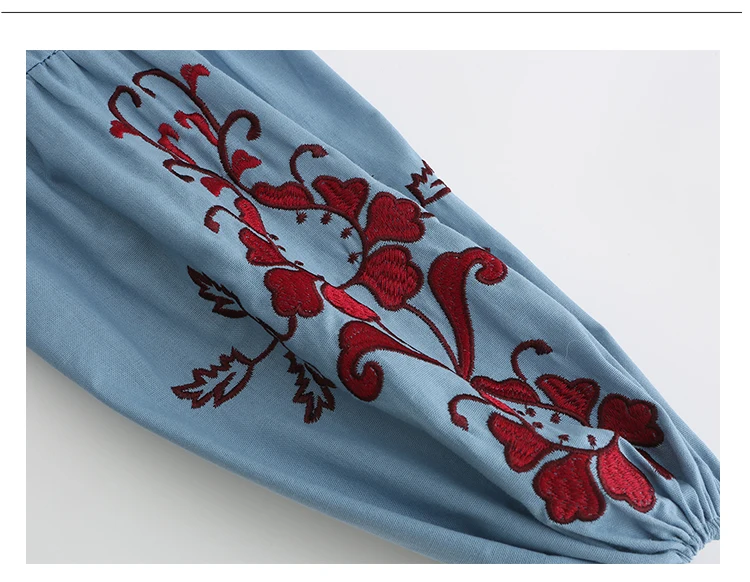

Lantern Long Sleeve Tunic Dress Women Vintage Ethnic Floral Print Embroidery Blue Cotton Autumn Vestidos Boho Robe 2021