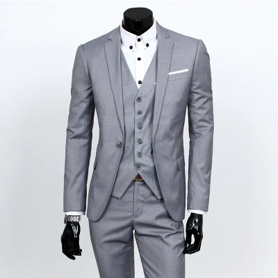Light grey 1 button Пиджак+ жилет+ брюки) весенние Мужские приталенные деловые костюмы из трех предметов мужские вечерние костюмы жениха/мужские свадебные блейзеры - Цвет: Light grey 1 button
