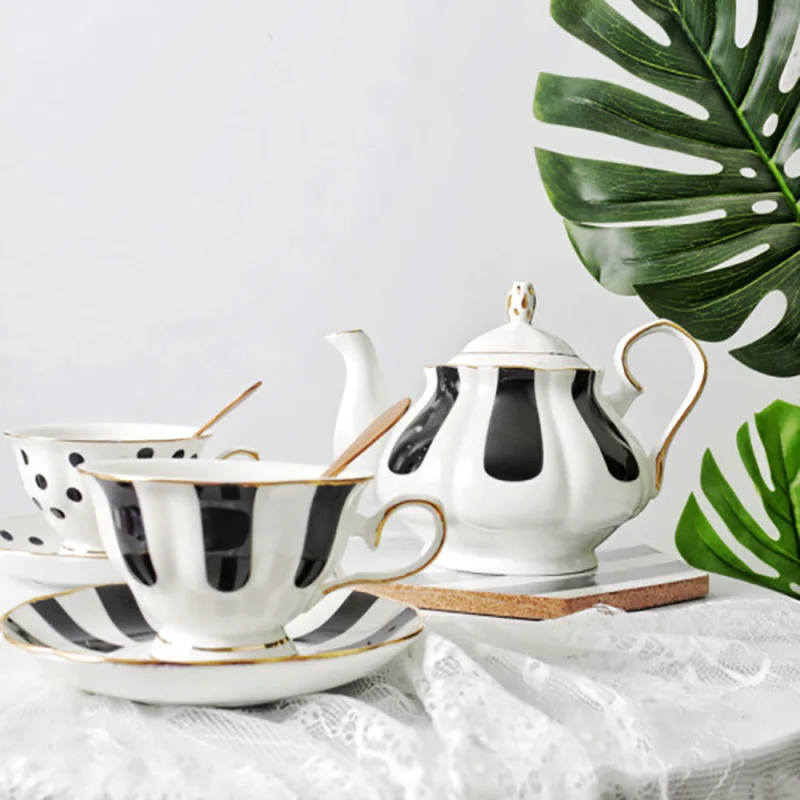 Black And White Afternoon Tea Tool Bone China Dinnerware Set Tea Pot Stripe Cup And Saucer Ins Coffee Set Gold