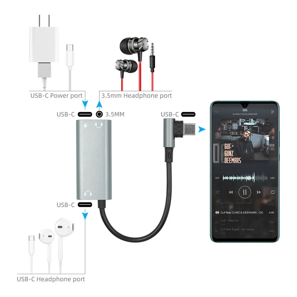 

Type C To Dual Headphones PD Power Supply Triple Cable, Type-C Converter USB C To 3.5mm Dual Headphone Jack Audio Adapter