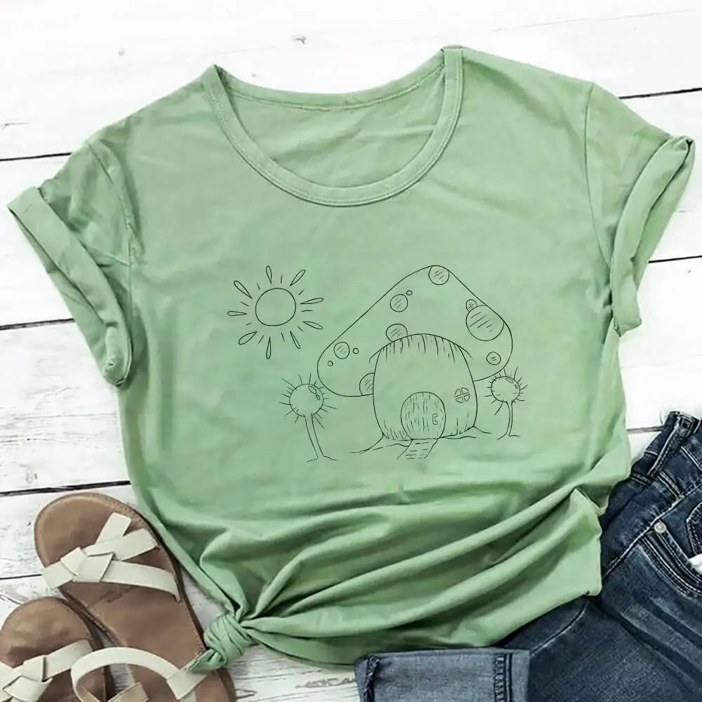 

Mushroom Cartoon Graphic Print 100%Cotton Women Tshirt Unisex Funny Summer Casual Short Sleeve Top Eco Life Shirt Vacation Tee