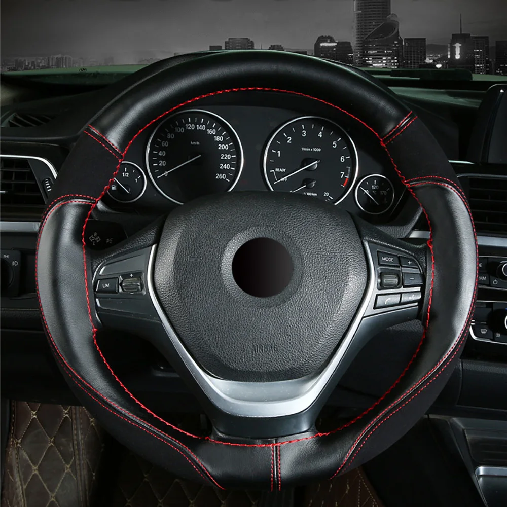 

38cm Car Steering Wheel Cover DIY Durable Anti-slip Braid with Needles Thread Wear-resistant PU+Suede Leather