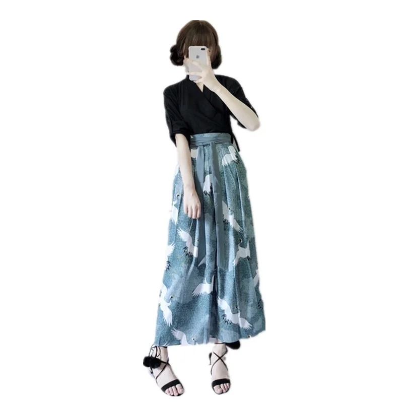 

Japanese Women Traditional Clothes Mujer Fancy Crane Print Long Sleeve Kimono Skirt Set Fashion Asian Chinese Cardigan Outfits